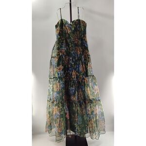Lulus Exclusive Glamour Green Floral Organza Tiered Maxi Dress XL